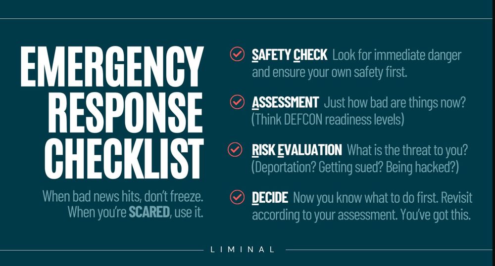 Emergency Response Checklist: Safety Check for immediate danger; Assessment - how bad are things now?; Risk Evaluation - what's the threat to you?; and Decide what to do. From Making Sense of It All website.