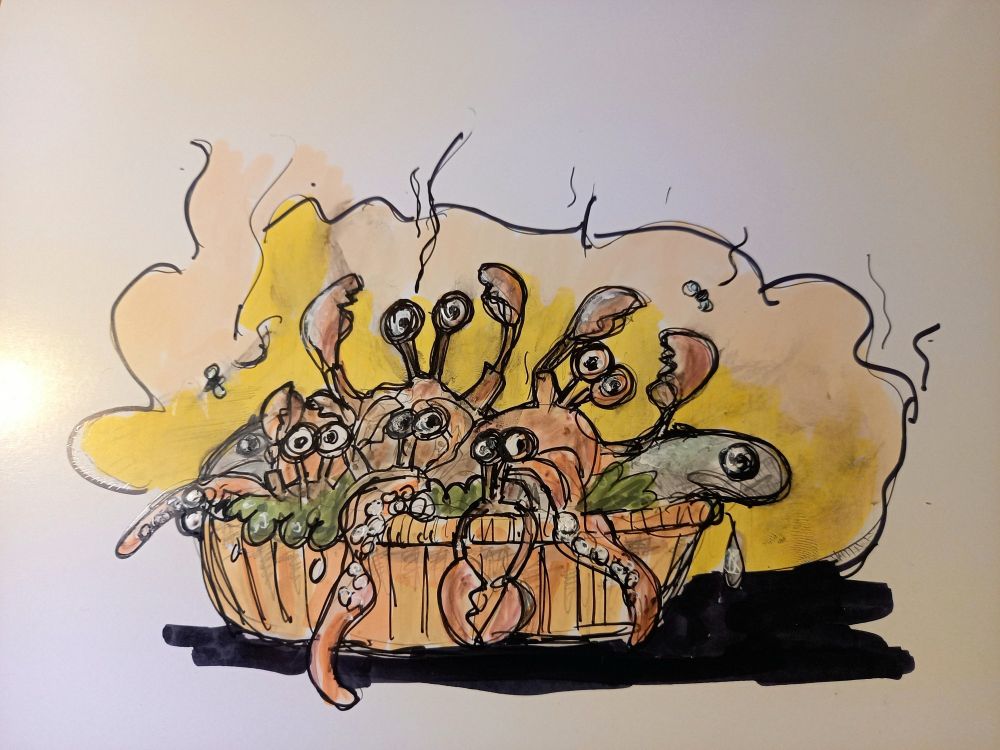 Dessin d'un panier haut rempli de crabes vivants  mais en putréfaction, cernés d'un halo de puanteur jaunâtre.