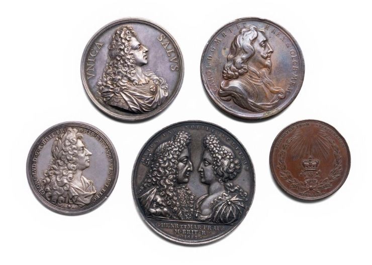 (1) Bronze medal by John Roettiers (1631-1701) with  portrait bust of Charles I on obv., rev. with commemorative scene mourning Charles I's execution; (2) silvered metal with a portrait bust of William III and Mary II dated '1689' on obv., rev. with allegorical scene of the personification of England and the House of Orange-Nassau embracing;  (3) silvered-metal with portrait bust of 'James III'and the motto VNICA SALVS obv., rev. with allegorical scene of the White Horse of Hanover trampling symbols of England beneath the motto QVID GRAVIVS CAPTA, dated 1721; (4) silvered metal with portrait bust of George I obv., rev. the White Horse of Hanover leaping over a map of Europe toward the British Isles; (5) a bronze example commemorating George III surviving the assassination attempt of 15 May 1800