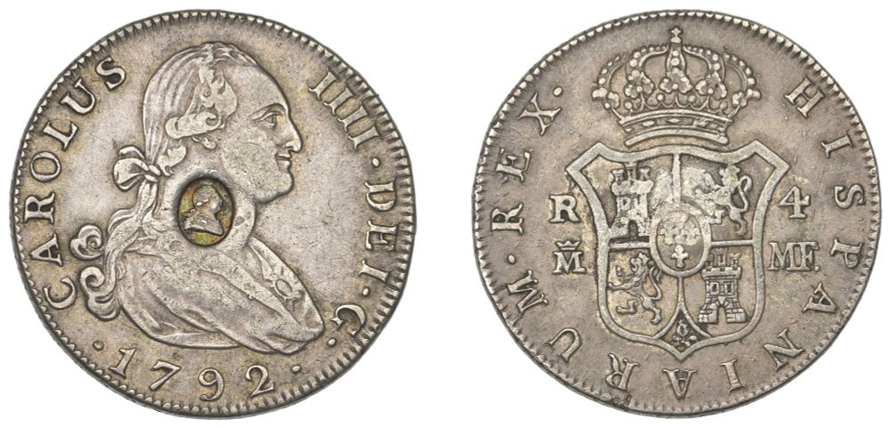 Obverse: Charles IV of Spain in profile, natural hair with a long queue tied with a ribbon, curls at the temples. Legend: CAROLUS IIII. DEI . G . 1792. Countermarked on the neck of the Spanish king with George III in profile in a small oval. Reverse: the royal arms of Spain with Madrid mint marks. Legend: REX . HISPANIARUM Spanish coins held by the British Treasury in its vaults were countermarked as an emergency measure to remedy a serious shortage in domestic silver coinage. This particular piece was not issued for general circulation but was probably intended as payment to foreign soldiers in the King's service on the Continent