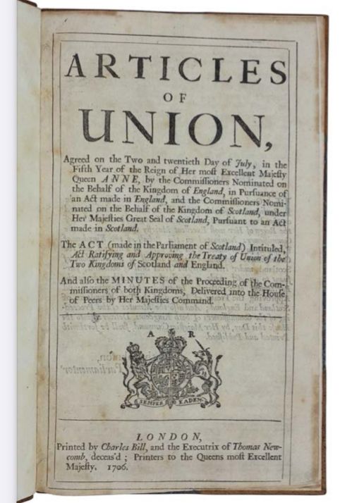 Title page: 'Articles of union, Agreed on the Two and twentieth Day of July, in the Fifth Year of the Reign of Her most Excellent Majesty Queen Anne, by the Commissioners Nominated on the Behalf of the Kingdom of England, in Pursuance of an Act made in England, and the Commissioners Nominated on the Behalf of the Kingdom of Scotland, under Her Majesties Great Seal of Scotland, Pursuant to an Act made in Scotland. The act (made in the Parliament of Scotland) Intituled, Act Ratifying and Approving the Treaty of Union of the Two Kingdoms of Scotland and England... ' Folio. 15, [3], 17-68pp. Handsomely bound by Sangorski and Sutcliffe in speckled half-calf, tooled in gilt and blind, marbled paper boards, contrasting black morocco lettering-piece (not shown). Some trimming at foot to latter half of text block with occasional loss of text and sense.