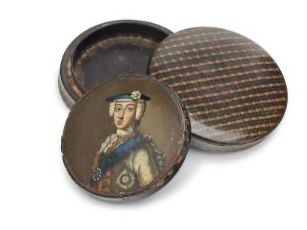 Shallow circular wooden box painted with all-over tartan pattern, the pull-off lid enclosing a concealed portrait miniature of the prince. Diameter 8.2cm, height 2.2cm 