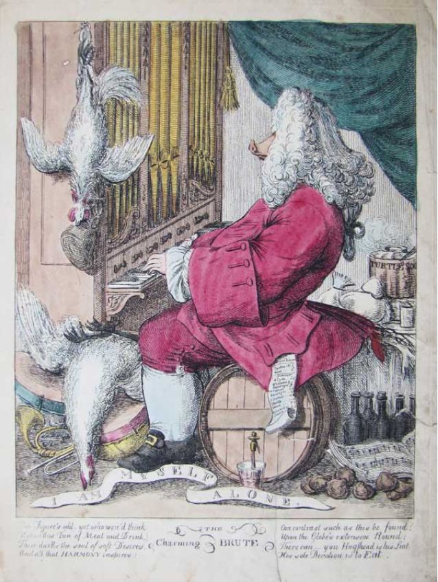 Hand-coloured etching, plate 320 x 245mm (11¾ x 9¾"). Narrow margins, long repaired tear bottom right corner, other small tears. Some creasing within the plate mark. Surface dirt. A version of Goupy's caricature of Handel, depicting him as a gluttonous pig sitting on a barrel of wine at the organ surrounded by instruments, dead chickens, plus food and drink including turtle soup. A shopping list of expensive delicacies unfurls from his pocket. Handel and Goupy were good friends until they fell out in 1743. Caption: 'The figures odd - yet who wou'd think Within this Tun of Meat and Drink, There dwells the soul of Soft Desires, And all that Harmony inspires; Can contrast such as this be found? Upon the Globe's extensive Round; There can - you Hogshead is his Seat His sole Devotion is to Eat.'