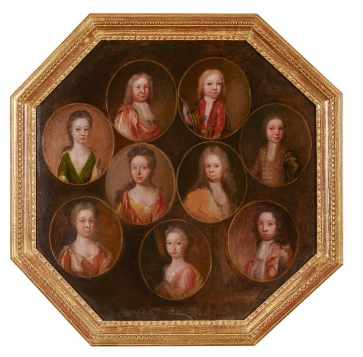 Octagonal oil on canvas in gilt wood frame, featuring nine busts within feigned oval cartouches. Previously thought to be a group of later Jacobite luminaries, including Prince Charles Edward and Flora Macdonald