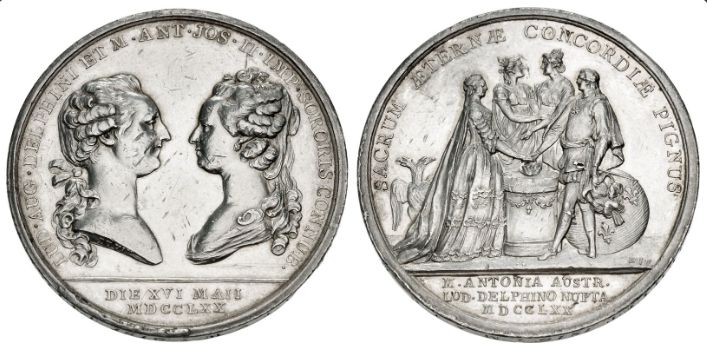 Obv.: busts of the royal couple, facing each other. Legend: LUD · AUG · DELPHINI ET M · ANT · JOS · II · IMP · SORORIS CONNUB ·, DU VIV [Duvivier] on truncation of Dauphin’s bust; DIE XVI MAII/MDCCLXX in two lines in exergue. Rev.: Maria Antonia, with double-headed eagle behind, and Louis-Auguste, with the French coat-of-arms behind, standing vis-a-vis, clasping right hands before lighted and garlanded altar; behind, personifications of Austria and France in embrace; DU VIV to lower right. Leg.: SACRUM ÆTERNÆ CONCORDIÆ PIGNUS (a sacred pledge of eternal harmony), M · ANTONIA AUSTR ·/LUD · DELPHINO NUPTA/ MDCCLXX in three lines in exergue. Edge: M.A.J.C. HARDY N.F. DE LA CHAPELLE MARIÉ 29 JUILLET 1816 with a star - a later inscription for Marie-Anne-Claudine-Joséphine Hardy, who married François-Nicolas de la Chapelle on 29 July 1816 at the Paroisse Saint-Roch, Paris.