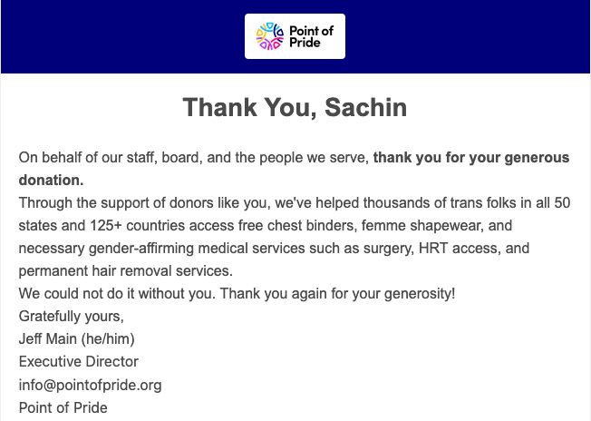 Confirmation email from Point of Pride for donation