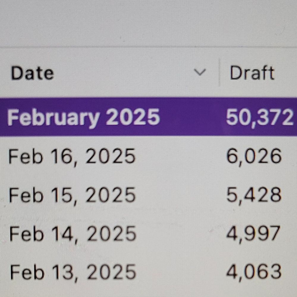 Word count screenshot of 2/13-2/16 with monthly total for February