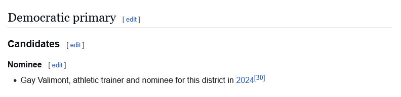 Gay Valimont's nominee wiki entry for Florida's 1st Congressional District's special election April 1st 2025. It reads: Gay Valimont, athletic trainer & nominee for this district in 2024.

