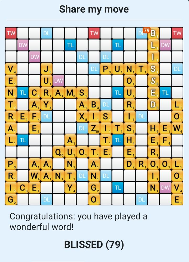 A scrabble board showing a 79 point score for the word BLISSED.