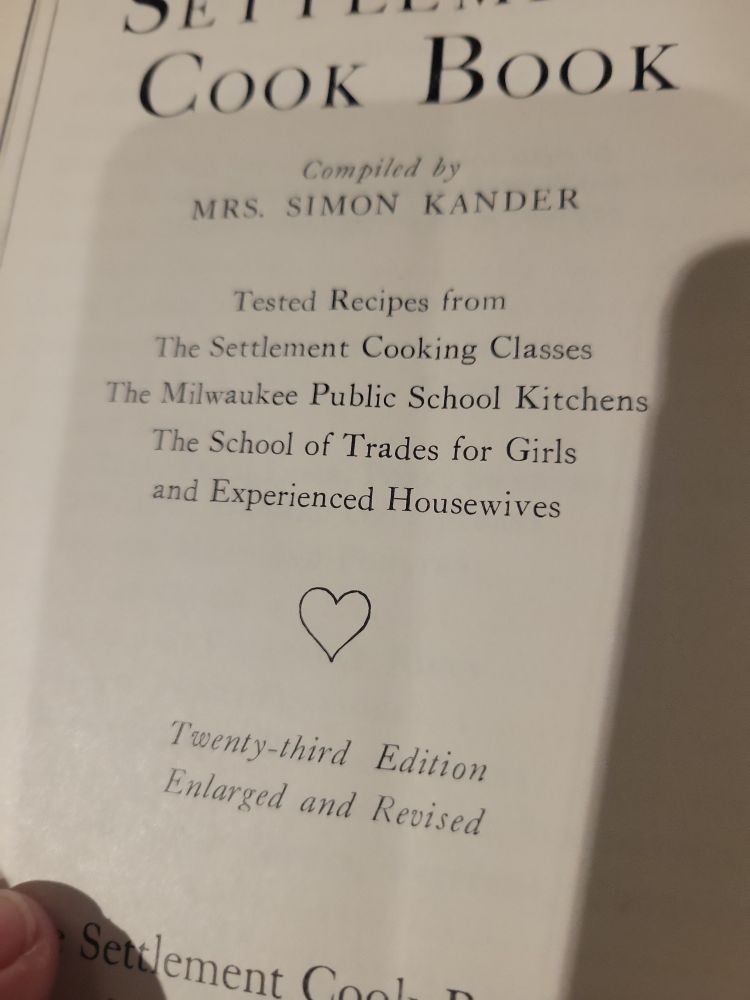 First page from the settlement cookbook.A book compiled by Mrs. Simon Kander the insert says 