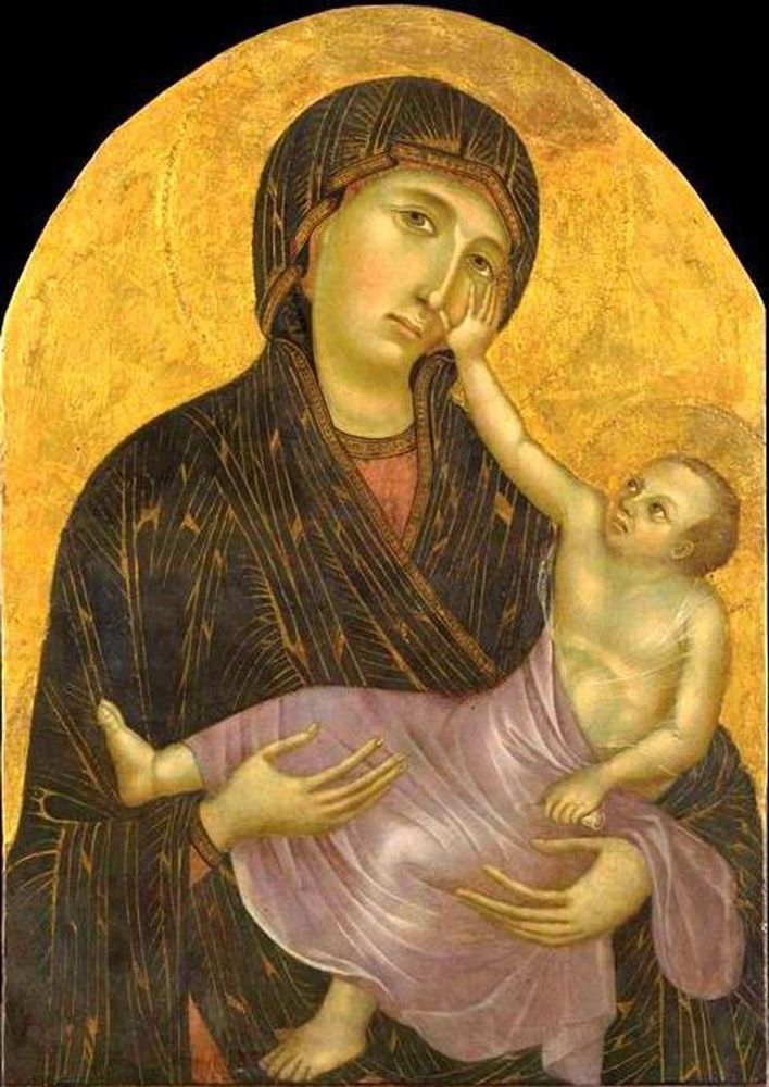 Old fresco of a woman holding a baby. The baby looks like a small man and the proportions are all wrong. 
