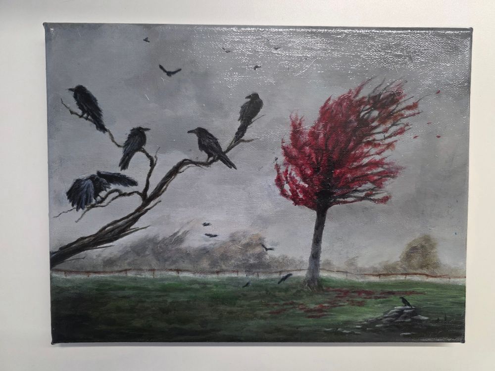 An oil painting against a white background. Against a bruised and moody sky, a tree is blown in a high wind. I'm the background, shadows of ravens can be seen fighting the wind. In the foreground, 5 ravens perch on a bare branch, ruffled by the wind.