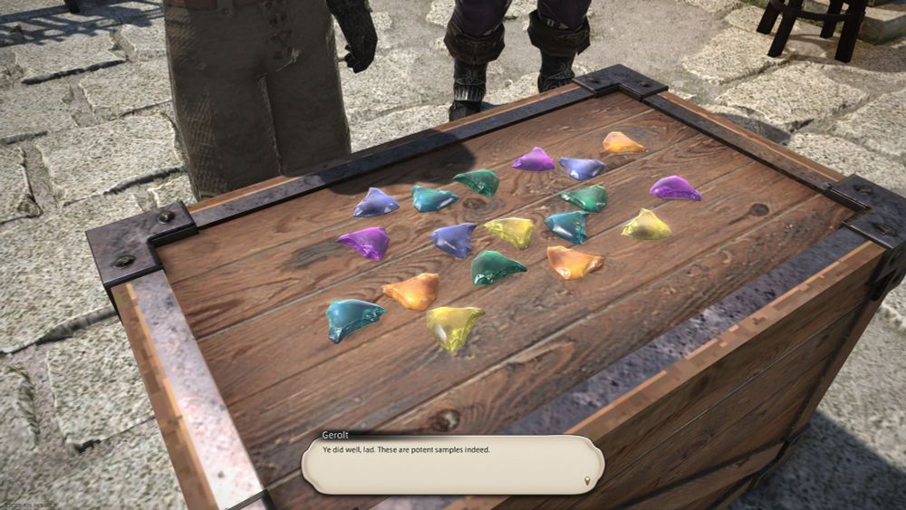Screenshot of a cutscene in Final Fantasy XIV showing the collected demiatma required for the first stage of Dawntrail's relic weapons.