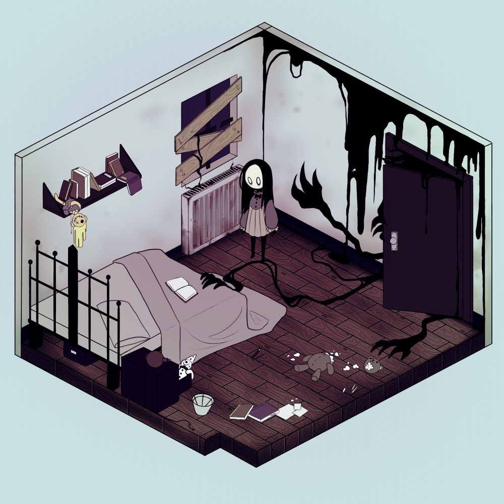 A diorama of a little girl standing in a room that has been trashed and abandoned. There is a dark tendrils coming out of a door.