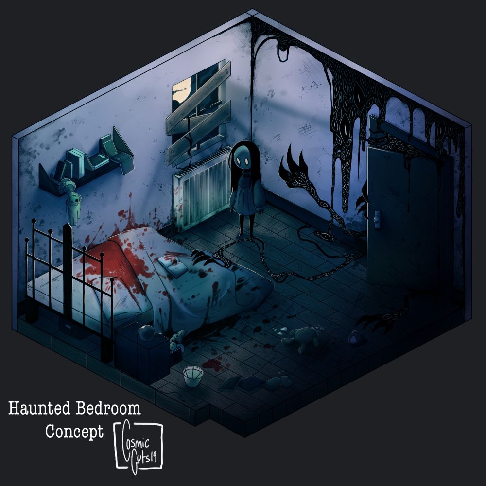 A diorama of a little girl standing in a dark room that has been trashed and abandoned. There is dark tendrils with eyes coming out of a door. The moon is shining through a boarded up window and there’s blood splattered on the bed.