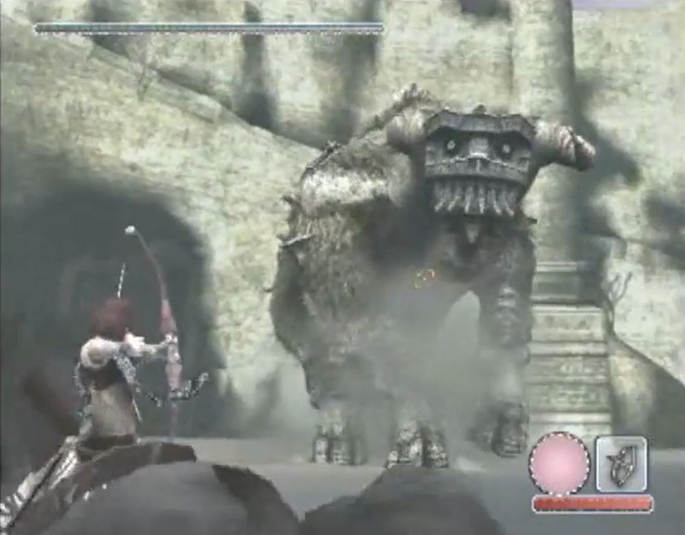 Screenshot from Shadow of the Colossus on the PS2 - Wander on horseback firing arrows at a horned Colossus