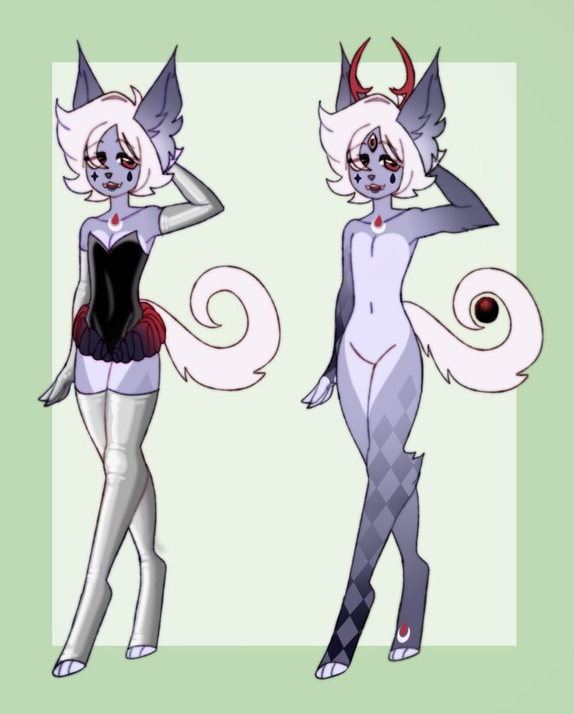 depicted is an anthro werewolf femme, purple is its main palette and it has whimsy jester vibes