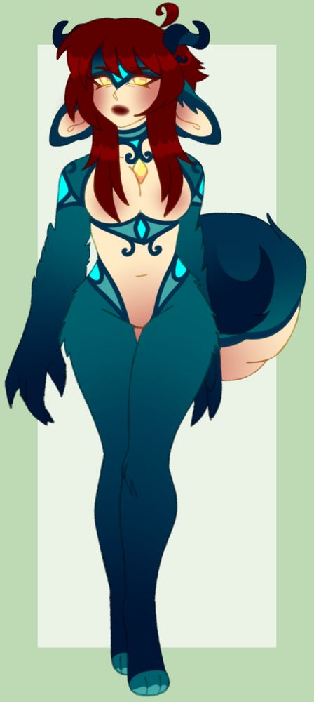 depicted is a fluffy anthro gal with teal, blue cream, pink and red palette