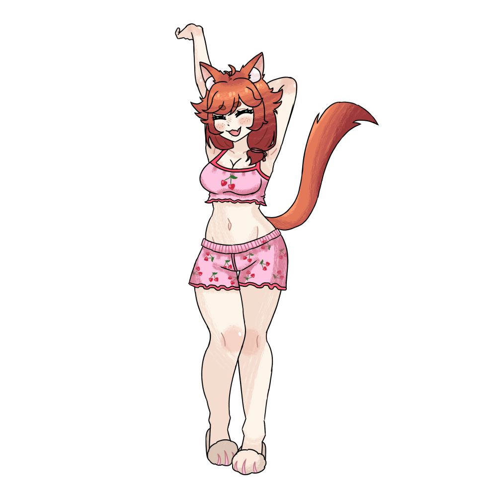 Drawing of Cherrimisu in pajamas stretching