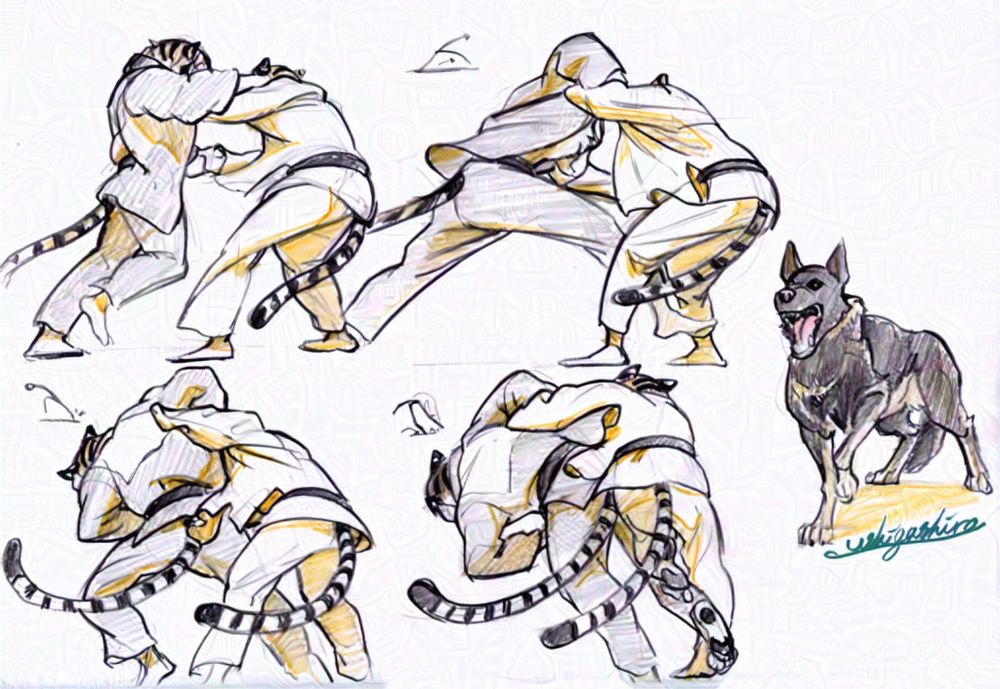 柔道をする虎獣人のスケッチが４つ。一番右に犬のスケッチが１つ。