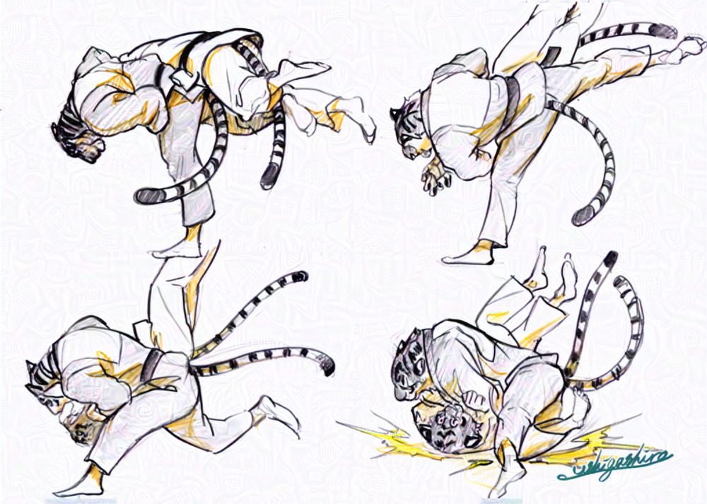 柔道をする虎獣人のスケッチが４つ。