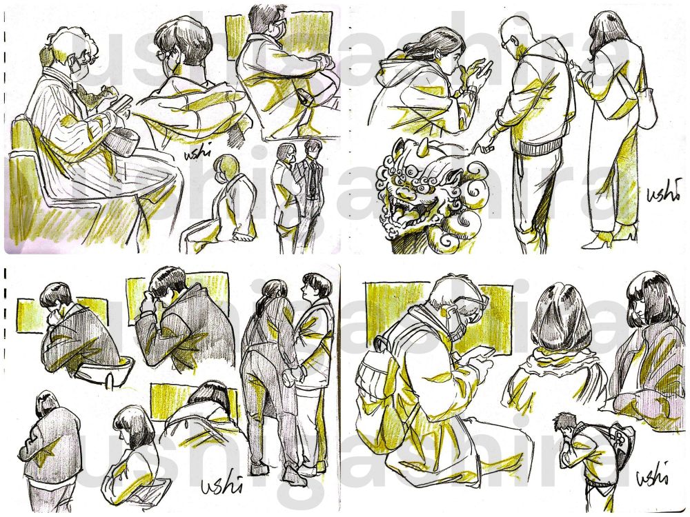 座っている人、立っている人の鉛筆スケッチ。右上中央辺り、狛犬のラクガキ。