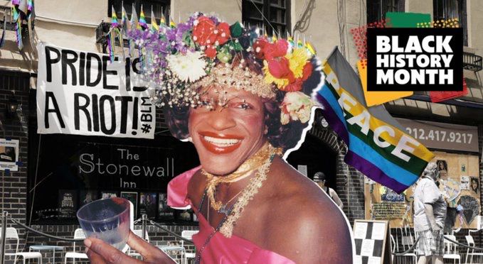 African American trans activist Marsha P. Johnson with a crown of flowers on her head is collaged over a photo of The Stonewall Inn. Colorful protest banners read Pride is a riot! And Peace