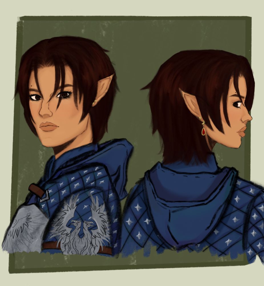 two bust drawings of an elven grey warden from dragon age. one bust is facing the side but her head is turned towards the viewer, while the other has her back to the viewer as she looks over her shoulder. rivera tabris has short, dark brown/auburn hair, dark brown eyes, and is wearing the typical grey warden rogue armor.