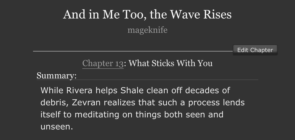 a screenshot of the title and summary of the linked chapter, which reads: “While Rivera helps Shale clean off decades of debris, Zevran realizes that such a process lends itself to meditating on things both seen and unseen.”