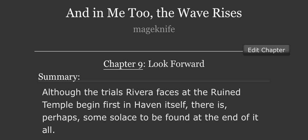 a screenshot of the linked fanfic’s title and summary, reading: “Although the trials Rivera faces at the Ruined Temple begin first in Haven itself, there is, perhaps, some solace to be found at the end of it all.”