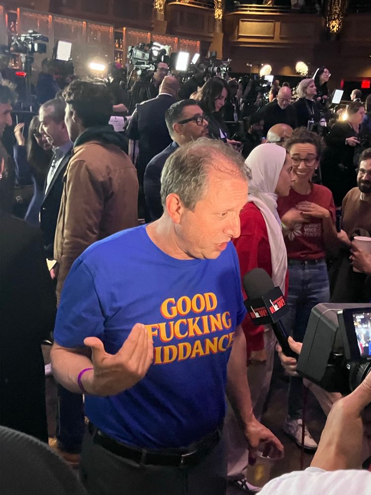 Brad Lander in a Good Fucking Riddance t-shirt after Zohran Mamdani’s victory