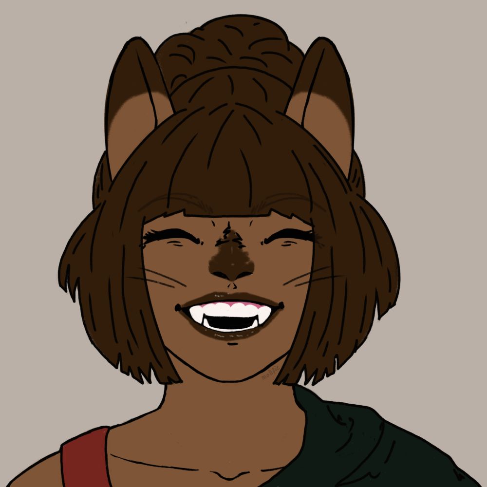 Tan and dark brown cat girl with blunt bangs, hair shorter at the front and in a messy bun at the back, smiling at the camera with her nose scrunched up and showing her fangs.