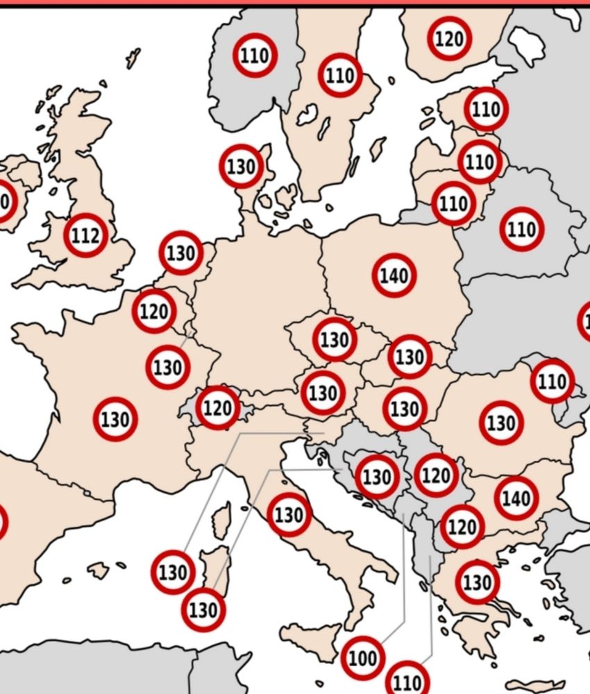 Europakarte mit den jeweiligen Tempolimits der einzelnen Länder.
Das einzige Land ohne Tempolimit ist Deutschland. 