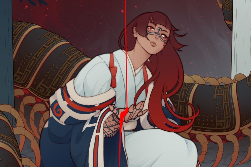A snip of Chiyo & Erra in an artwork depicting them as a reference to the High Priestess tarot card. Erra winds around behind Chiyo, with a centipede like body of black carapace with gold borders and legs. Art was commissioned from birdko.art.