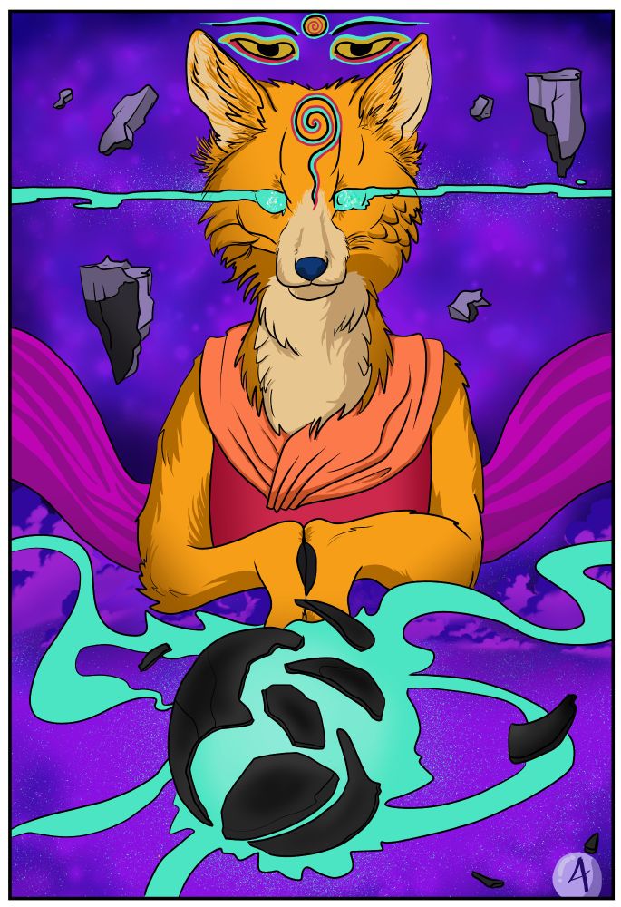 Inside the creature's head there is infinity. An enlightened coyote presides over a vast purple void and the constant dance of destruction, energy, and creation. Or Ellie is trippin balls.