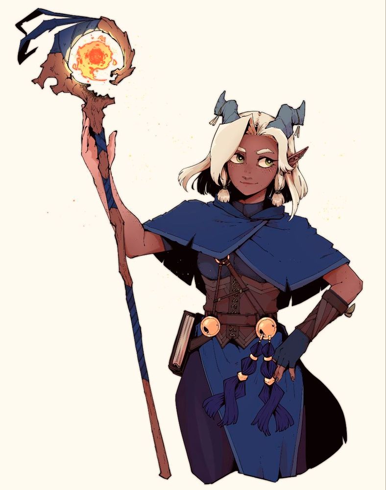 Ilustracion de una maga elfa negra con vitiligo, ropas de cuero y telas azules, pelo blanco y un bastón con una bola de fuego