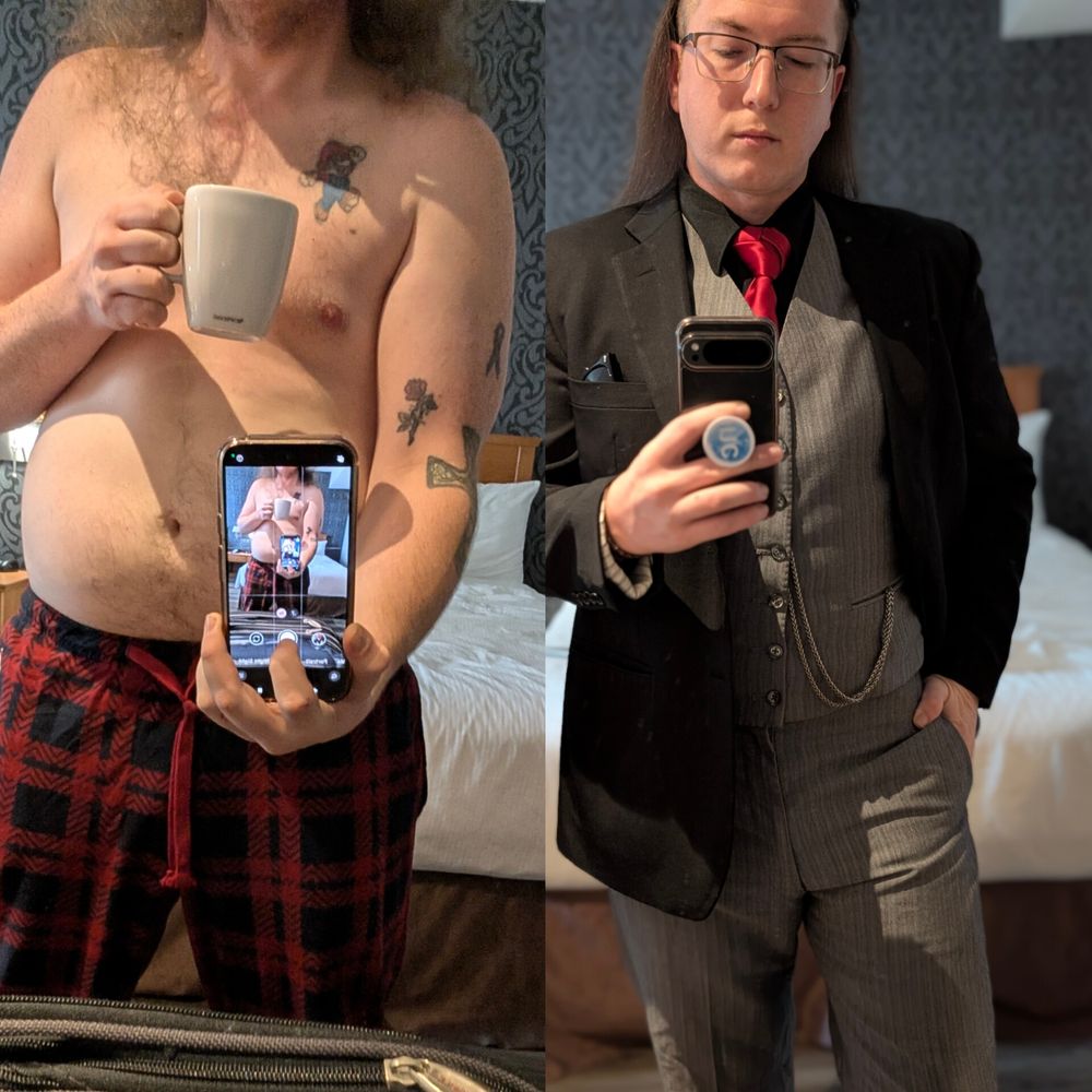 A split picture of Valkyrie-Kane dressed in PJs and one in a suit