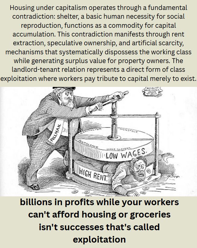 Housing under capitalism operates through a fundamental
contradiction: shelter, a basic human necessity for social
reproduction, functions as a commodity for capital
accumulation. This contradiction manifests through rent
extraction, speculative ownership, and artificial scarcity,
mechanisms that systematically dispossess the working class
while generating surplus value for property owners. The
landlord-tenant relation represents a direct form of class
exploitation where workers pay tribute to capital merely to exist.
billions in profits while your workers
can't afford housing or groceries
isn't successes that's called
exploitation
