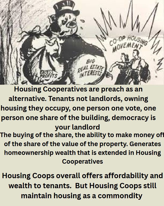 Housing Cooperatives are preach as an
alternative. Tenants not landlords, owning
housing they occupy, one person one vote, one
person one share of the building, democracy is
your landlord
The buying of the share, the ability to make money off
of the share of the value of the property. Generates
homeownership wealth that is extended in Housing
Cooperatives
Housing Coops overall offers affordability and
wealth to tenants. But Housing Coops still
maintain housing as a commondity
