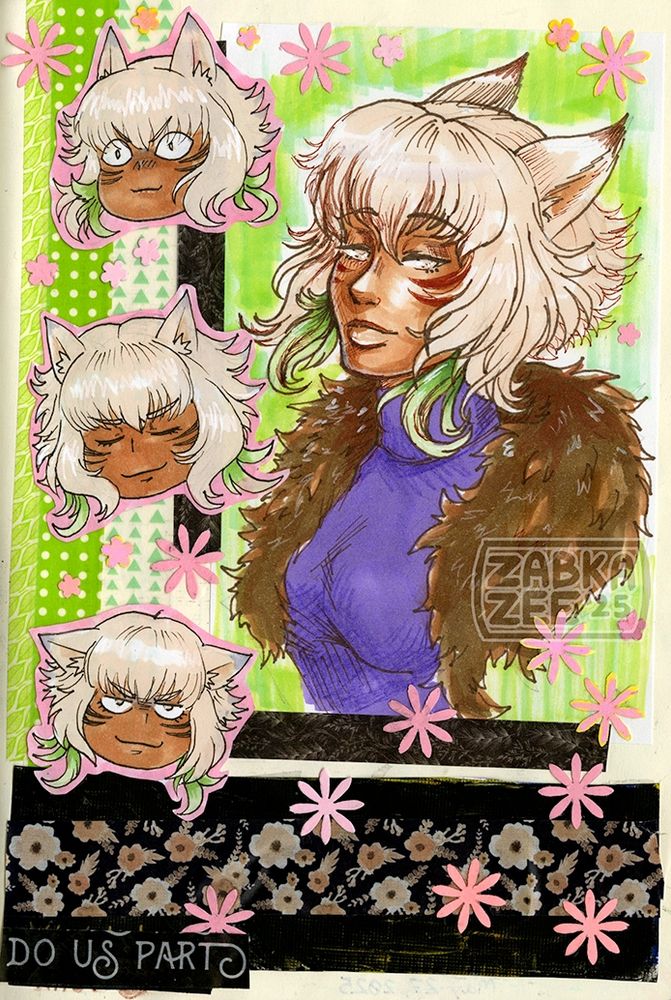 Mixed Media feat. Y'shtola Rhul from Final Fantasty XIV. 

A bust of Y'shtola wearing a modern attire, a turtleneck and a fur trimmed coat makes up the right side of the page. On the left, three stylized chibi heads of her with three different expressions (alert, confident & annoyed).

Washi tape decorates the page. A washi tape reading, "DO US PART" particularly stands out in the bottom left.