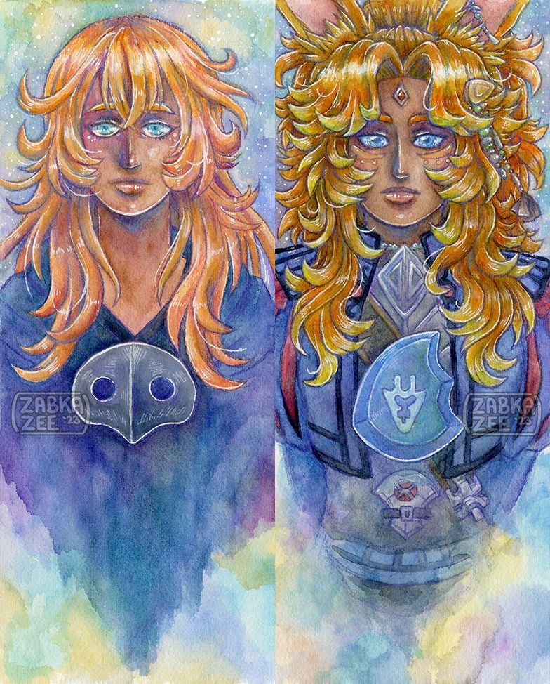 Art from 2023, feat. my Azem, Bellerophontes, & my viera WoL, Elodie Aurifort from Final Fantasty XIV. 

The two are drawn in a stylized bust/headshot. The lower half fading into a watercolor wash. 

In place of the Azem mask for Elodie, a DRG job stone hangs in the center.