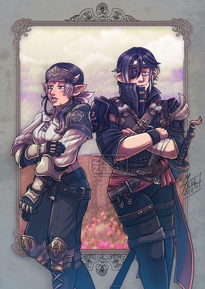 Illustration featuring characters Final Fantasy XIV. Lux & Noe, both Elezens, standing back to back They're in front of a painterly scene of flowers. [ Characters belong to ‪@trangmn.bsky.social‬ ]