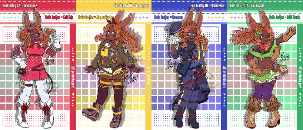 Art of my Rava Viera WoL, Elodie Aurifort, from Final Fantasy XIV dressed as my top four favorite horse girls from Umamusume.

From left to right: Gold Ship, Mayano Top Gun, Fenomeno, Taiki Shuttle