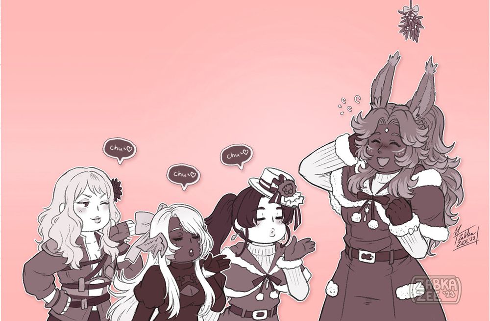 Art Challenge from 2023. Featuring my WoL, Elodie Aurifort, Calathea Dumarr (@theheartlesstide.etheirys.social), Juniper Pilau (@ladyzolstice.bsky.social) & Eliza Fustel (@elizafustel.etheirys.social) from Final Fantasy XIV. Starlight Celebration themed.

Calathea, Juniper & Eliza, all blow Elodie a kiss as she stands underneath the mistletoe scratching her head.