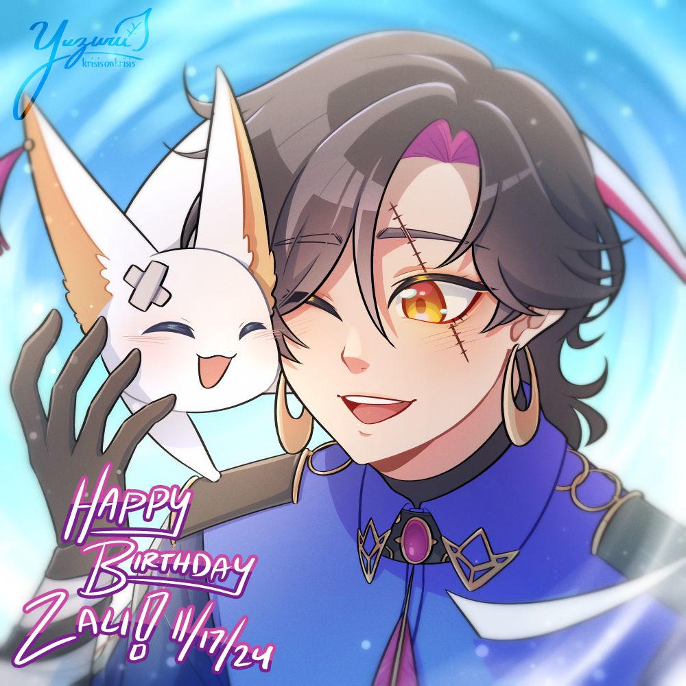 illustration of vezalius bandage with a vezkit nuzzling against his cheek. in the bottom left corner is written
"Happy Birthday Zali! 11/17/2024"