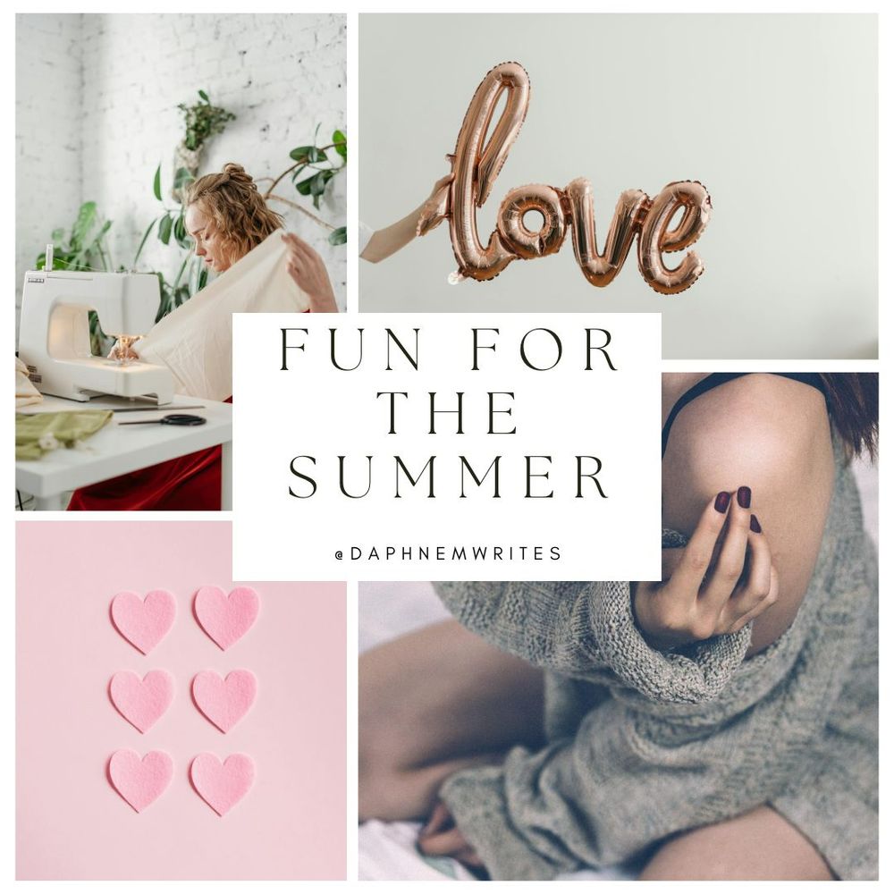 A collage of four images and text in the middle. From the top left clockwise: a woman sewing with a sewing machine, rose gold balloon letters that say love, a woman in a sweater and underwear posed suggestively, and 6 light pink hearts on a lighter pink background.