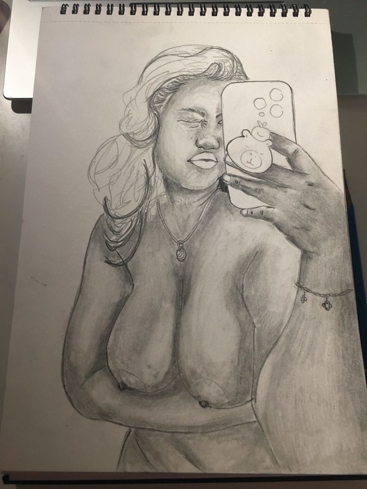 A drawing of a woman taking her nude photo. The boobs are bare open with one hand tucked underneath the boobs. 