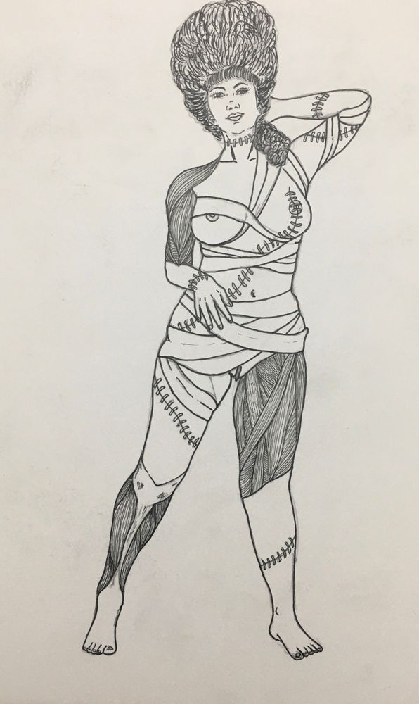 A pen drawing of a model turned into spooky character. The character has stitches across her body, some area where the skin is flayed, exposing the muscles and some part are covered with fabric akin to mummies