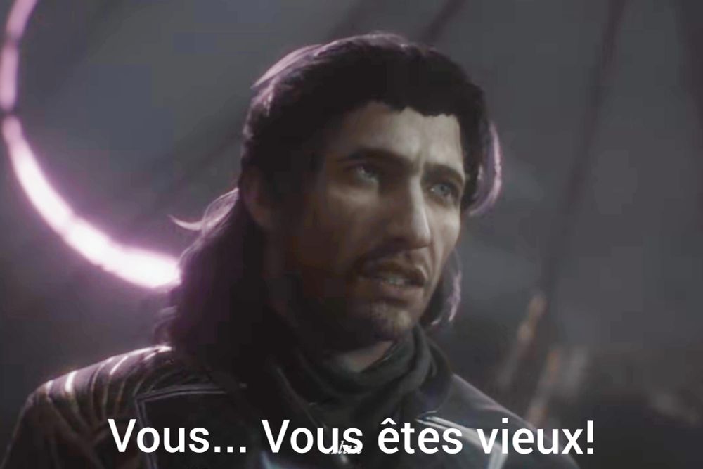 Image du jeu Clair Obscur: Expedition 33 où un personne interloqué dit "Vous... Vous êtes vieux!"