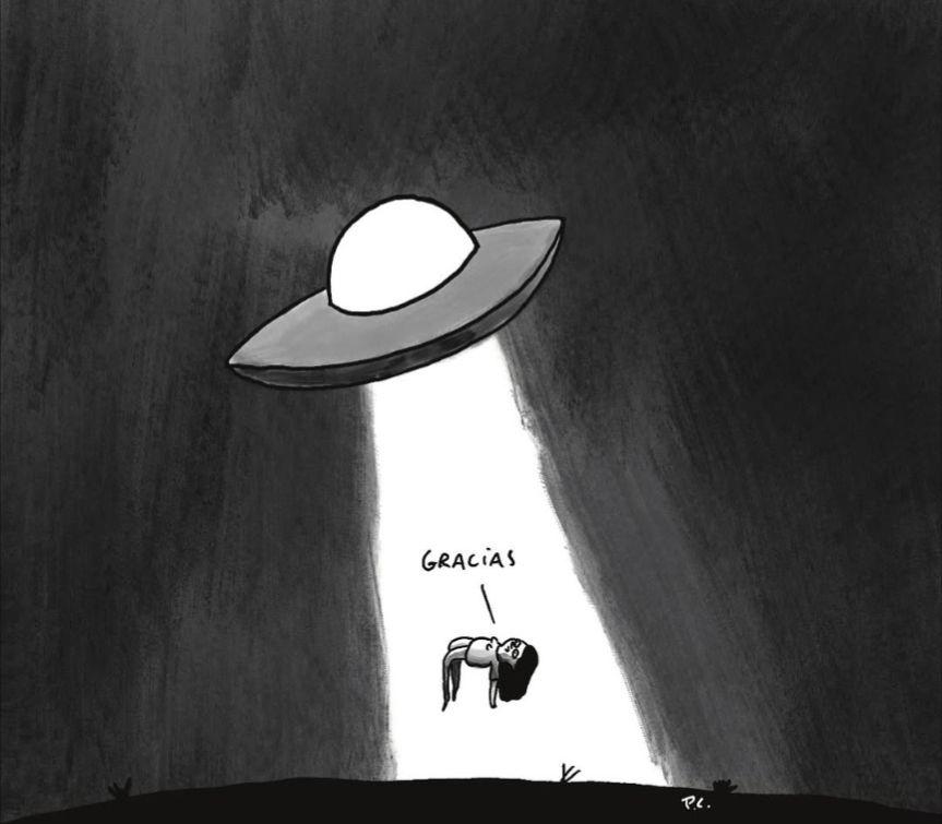 Cartoon of a woman being beamed up into an alien spaceship. "Gracias" she says.